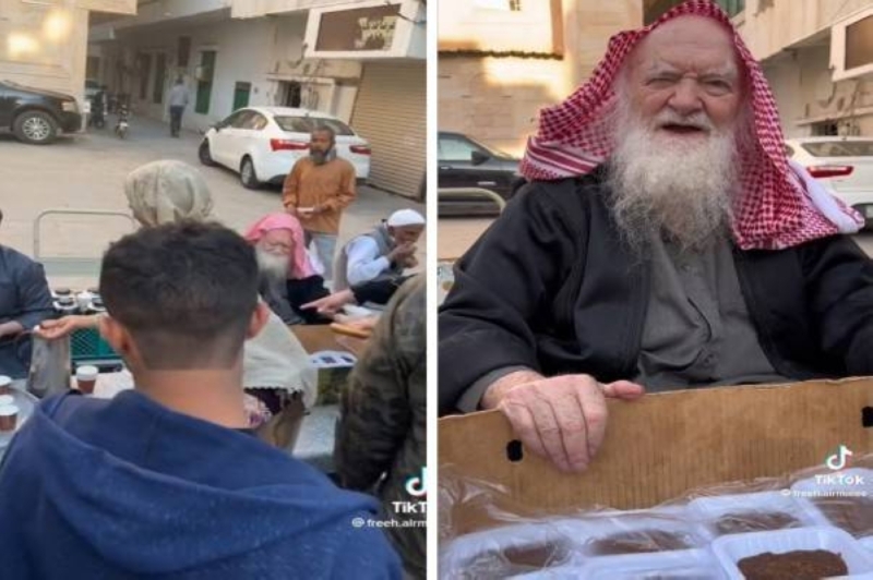 شاهد.. مسن سعودي تسعيني وابنه يوزعان على المارة التمر والخبز والشاي منذ 40 عاماً