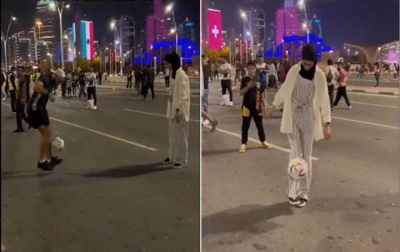 فتاة تتحدى شاب في تنطيط "الكرة" بأحد شوارع قطر والنتيجة مفاجأة...شاهد     